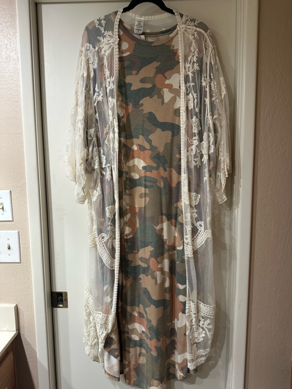 Camo dress with cream lace kimono overlay